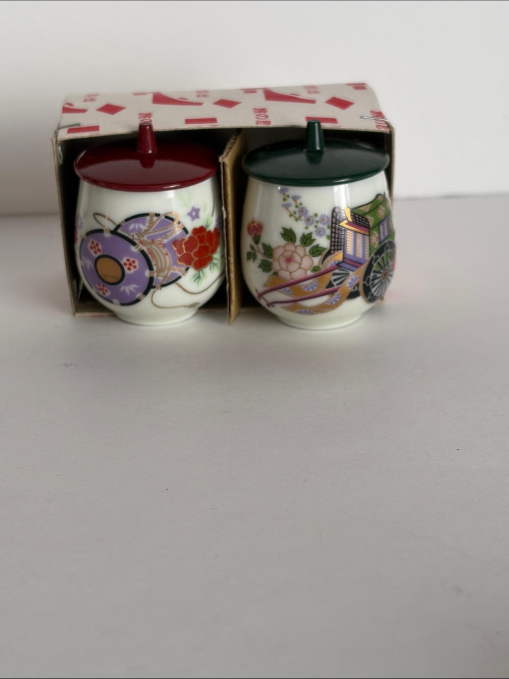 Pair of Decorative Porcelain Condiment Jars with Lids - Floral & Cart Motifs